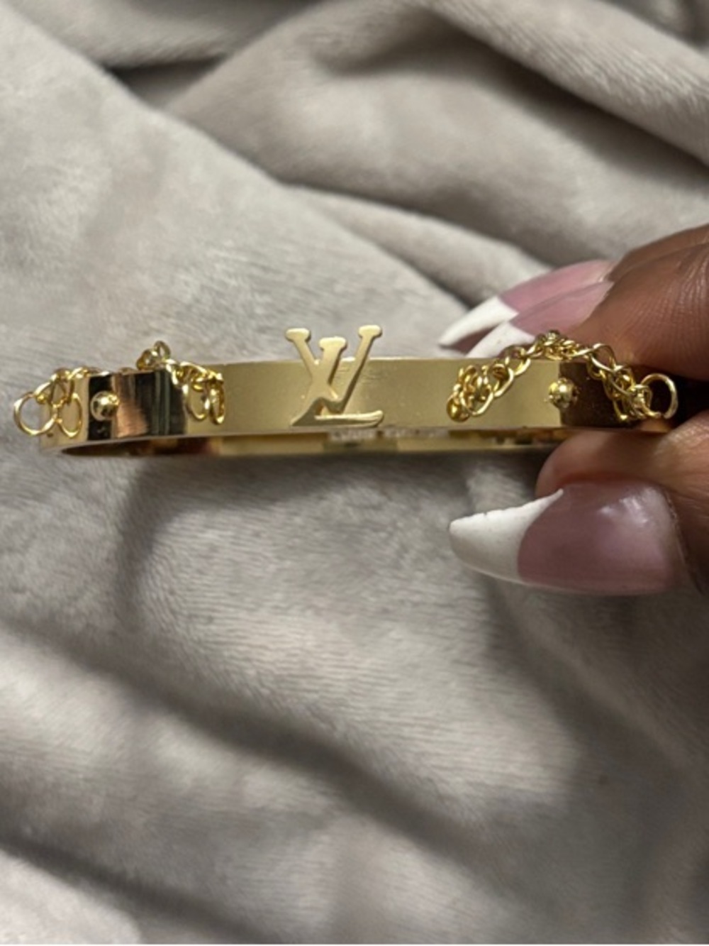 LV Gold-Tone Bangle w/ Chain Accents